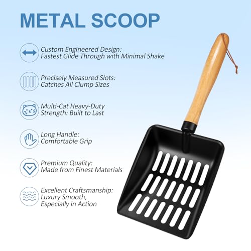 Cat Litter Scoop, Metal Litter Scoop, Short with Holder | Heavy Duty Metal Cat Scooper for Litter Box, Black Sifter Scoop for Pellets, Wooden Handle Scoop with Hole, Kitty Necessity - size: Cat Litter Scoop Short with Holder