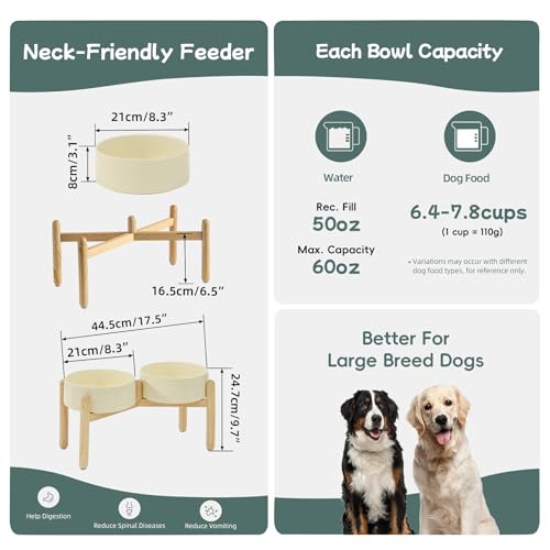 Havniva Elevated Dog Bowls Ceramic Dog Bowls with Stand, Dog Food Bowl | 8.3” Raised Dog Bowls with Non-Slip Wood Stand, Dog Food and Water Bowl Set, Double Dog Feeding Bowls for Large Dogs - color: 2 Bowls+Stand - Light Yellow, size: 8.3inch