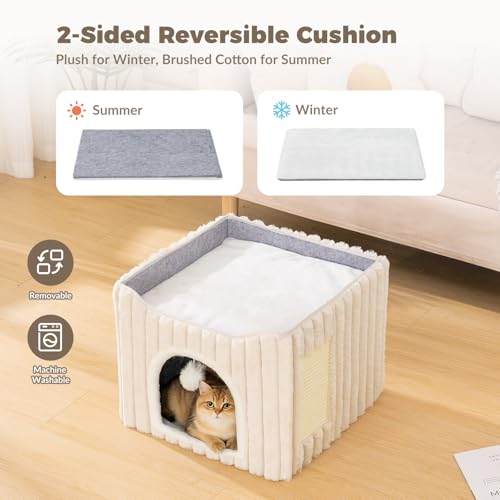 Avont 3-in-1 Cat Cave Bed for Indoor Cats with Scratch Pad | Scratch Pad & Hanging Ball, Large Hideaway for up to 20 LBS, Washable Cushion, Foldable Design, Available in Grey & Cream - color: Cream