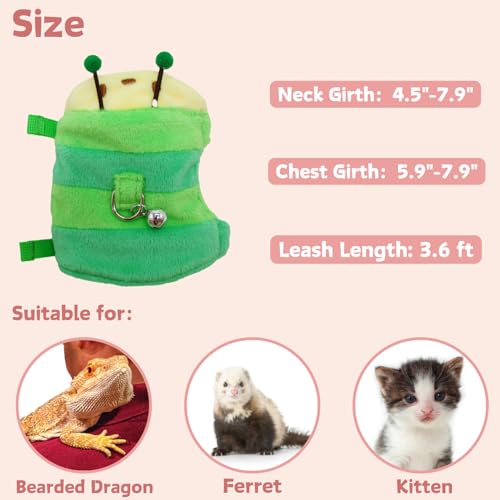 Ferret Harness and Leash Set - Small Animal Soft Fleece Vest with Safe Bell Halloween Outfit Adjustable Traction Rope Outdoor Walking Training Leash for Ferret Rat Bearded Dragon Kitten (Green) - color: Green