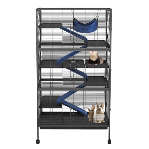 Small Animal Cages, Expandable 50-Inch Ferret Nation Style Cage with Lockable Doors and Ramps - Multi-Level Small Animal Habitat for Chin Pets Chinchillas and Indoor Rabbits