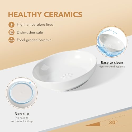 Havniva Ceramic Cat Bowls, Shallow Cat Dishes, Cat Food Plate Set of 3 | Wide Opening, 5.6” Cat Plates, Ceramic Cat Food Bowls for Wet & Dry Food, Non-slip Rubber Base, Whisker Friendly Cat Bowl - color: White, size: 3 Bowls