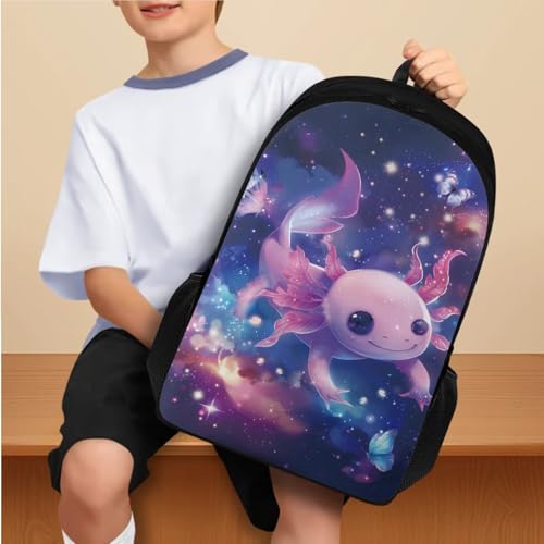 Starry Axolotl Backpack for School Boys 4th Grade Girls Backpack with Lunch Box with Bottle Pocket Adjustable Shoulder Strap Water Bottle Cover and Pencil Box 4Pcs Sets for Kids/Toddler - color: Starry Axolotl