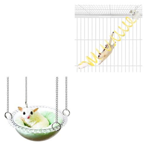 Sugar Glider Play & Sleep Set (Random Color) - Elastic Climbing Rope & Transparent Hammock with Removable Pad, Chew-Proof Hanging Toys for Small Pets
