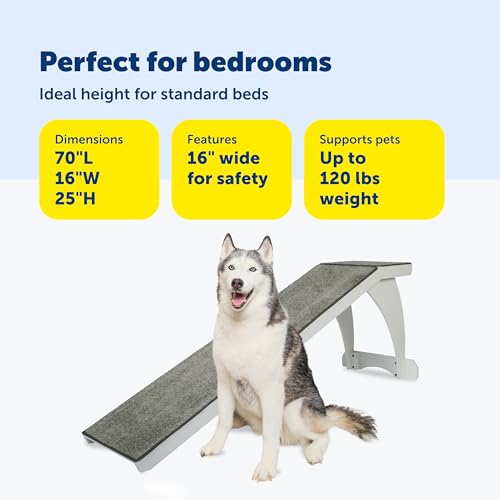 PetSafe CozyUp Wooden Pet Bed Ramp, White | Durable Wood Ramp with High-Traction Carpet Surface, for Small Dogs & Senior Dogs/Cats Up to 120 Lb, 70"L x 16"W x 25"H - color: White