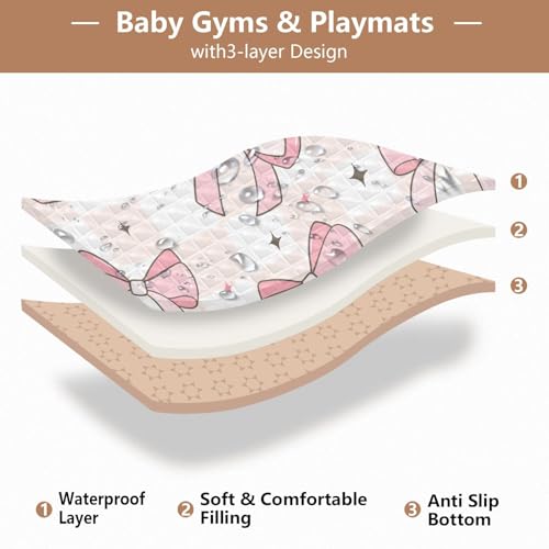 Baby Play Mat Pink Bows on Checkerboard 50 x 50 Playpen Mat for Floor Play Gym Crawling Non-Slip Cushioned Baby Playmat for Infants, Babies, Toddlers - color: Multi 4