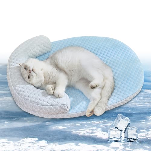 Summer Cat Cooling Mat Cooling Mat for Cats with U-Pillow | Cooling Soft and Comfortable Washable Removable Non-Slip Bottom - color: Blue against Grey