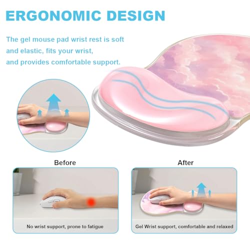Sumgsn Pink Mouse Pad with Gel Wrist Support - Cute Office Accessories Ergonomic Mousepad with Non-Slip Base for Latop/Desktop/Home/Game - color: Pink Cloud
