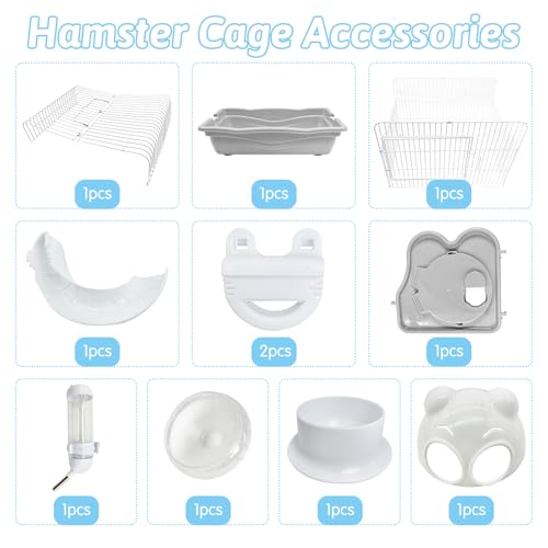 PINVNBY Dwarf Hamster Cage, Small Animal Cages, 2-Tier Travel Portable Mouse Cage Hamster Carrier with Castle House Running Exercise Wheels, Water Bottle and Food Dish（Gray） - color: Gray, size: L: 13.78x10.23x11.02in