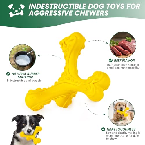 Dog Chew Toys for Aggressive Chewers Large Breed,Indestructible Bones Toy，Durable Cleaning Toothbrush Natural Rubber Dog Toys… (Yellow) - color: Yellow