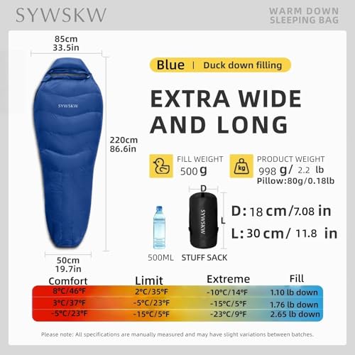 Down Sleeping Bag with Pillow for Backpacking,15℉ 5℉ 0℉ Wide Down Sleeping Bag (86.6 in x 33.5 in) for Adults,Youth Camping and Hiking Outdoor with 680FP Duck Down - color: Blue (500g filling down)
