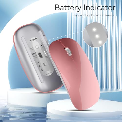 TENMOS M18 Bluetooth Mouse, USB C Rechargeable Wireless Mouse, Rose Gold | Tri-Mode BT5.1/5.0+2.4G, Silent, Portable, Battery Level Visible, USB Receiver,Type C Adapter, for Laptop/Macbook/iPad/PC - color: rose gold