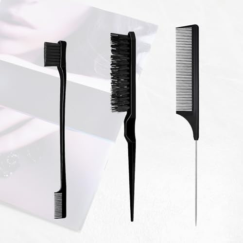 3 Pcs Slick Styling Hair Brush Set, Rat Tail Comb,Edge Bristle Brush, Teasing Brushes for Edge Back Brushing, Combing, Slicking Hair for Girls, Kids(Black）