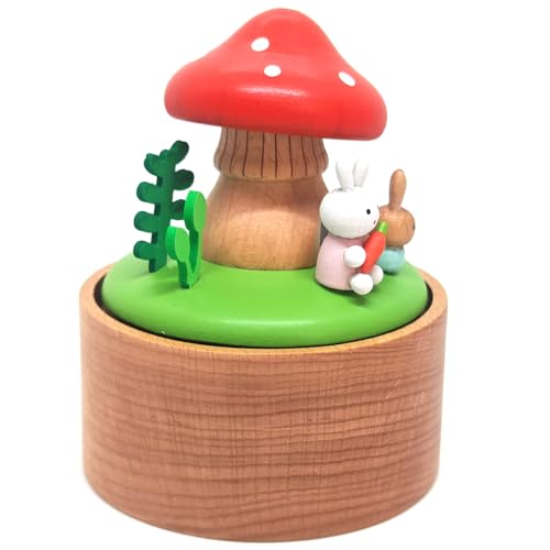 Mushroom House Mini Music Box, Palm Sized Rabbit Mushroom Wooden Mechanical Musical Box, for Mother Friend Grandmother