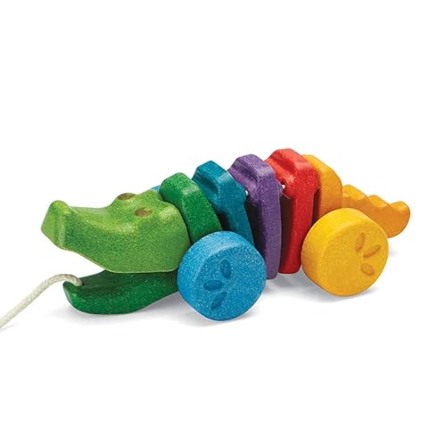 PlanToys® Rainbow Dancing Alligator Pull Toy for Toddlers | Eco-Friendly Wooden Toy with Click-Clack Sound | Walking Toy for Babies | click-clack sound, toddler pull toys, animal design, girls, boys, gross motor cause & effect learning gift idea for kids