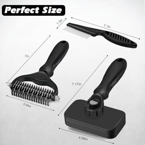 Professional 3PCS Self Cleaning Slicker Brush & Pet Grooming Rake & Flea Comb for Dogs,Cats and Horses | Double-Sided Dematting Comb & Skin Friendly Deshedding Grooming Tool | Pet Supplies (Black) - color: Black