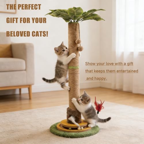 44" Tall Palm Tree Cat Scratching Post with Sisal Rope,Dangling Balls,Natural Healthy Catnip Balls,Cat Toy Mouse Hole,Interactive Wooden Ball & Cats Wand for Indoor Cats Adults and Kitten