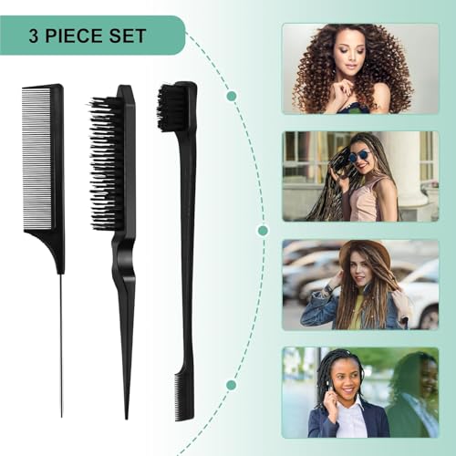 Comb Set, Black comb,3 Pcs. slick back hair brush,Slick Back Brush with Edge Brush, styling comb for kids for middle part，Rat Tail Comb, Teasing Brush Set for Smoothing brush Baby Hair