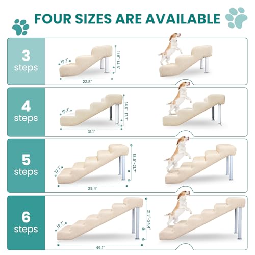 Dog Stairs for High Bed & Couch, Adjustable 5 Step Pet Steps | 19.7" Wide, For Small, Medium & Large Dogs, Non-slip Linen Faux Leather, Holds up to 150 lbs, Adjustable Height 18.5"–21.7"