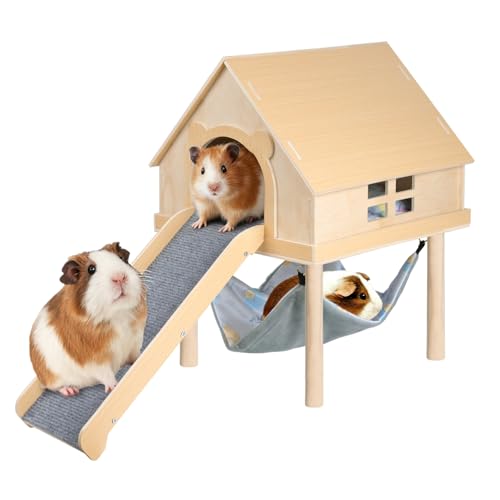 Guinea Pig Hideout- Wooden Guinea Pig Toys with Stairs and Mat & Hammock, Detachable Double-Decker House for Small Animal Toys for Hiding Sleeping Activities
