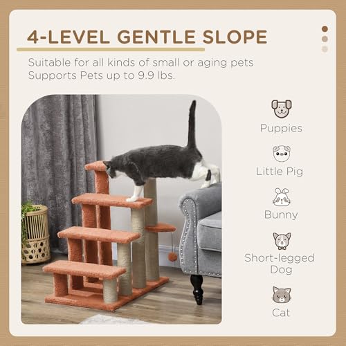 PawHut 4 Levels Cat Steps, Pet Stairs Carpeted Ladder, Kitten Tree Climber with Scratching Posts, Hanging Play Ball, Side Step, for High Bed, Sofa, Brown | Kitten Tree Climber, Scratching Posts, Hanging Play Ball, Side Step, for Sofa - color: Brown