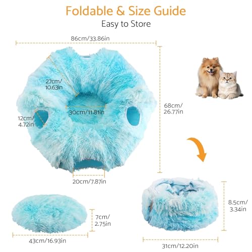 Cat Tunnel Bed, 3-in-1 Collapsible Cat Tube with Removable Washable Cushion, Multi-Shape (U/S/Half-Round) Playhouse with Peekaboo Holes, Hanging Balls & Cat Ears for Cats, Small Dogs, Rabbits - color: Sky Blue