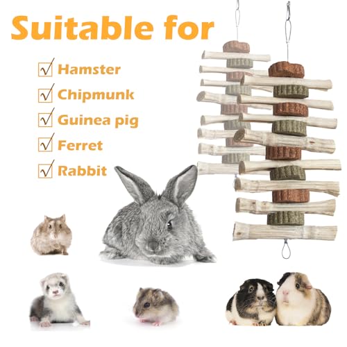 4 PCS Rabbit Chew Toys for Teeth Grinding, Delicious Bunny Cage Hanging Chew Toys, Natural Sweet Bamboo Chew Sticks and Timothy Grass Cake Hay Treats Maintaining Healthy Teeth for Rabbits