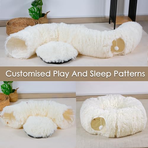 Peekaboo Cat Cave with Washable Mat, Collapsible Cat Play Tunnel for Kittens & Small Pets, Plush Cat Donut Bed Tunnel, Beige - color: Beige