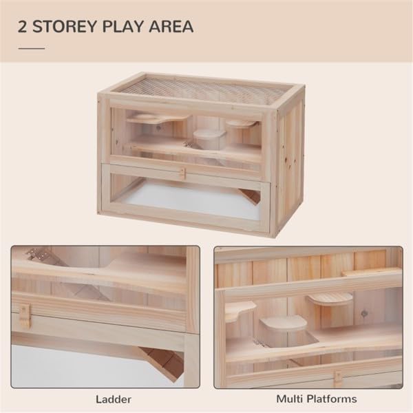 Wooden Hamster Cage, Small Hamster Cages Animal Habitat with Multi-Level Platforms, Natural Wood Chew- Enclosure for Hamsters and Dwarf Small Hamster cage Rats, Includes Exercise