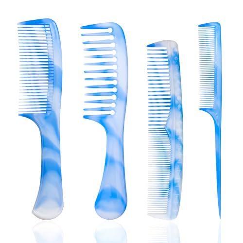 Hair Combs Set: Blue Fine-Tooth, Wide-Tooth, Rat Tail, and Dual-Purpose Comb for Men and Women - Ideal for Detangling and Styling Curls - color: blue