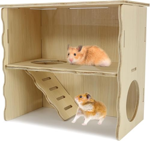 Double-Decker Hamster Hides, Wooden Hamster Hut, Syrian Hamsters Hideout with Acrylic Panel for Clear Observation, Detachable Gerbil Mouse House with Installation Instruction