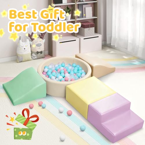 Hoohtoot Foam Climbing Blocks for Toddler: with 4-Piece PU Leather Climbing Toys and a Ball Pit - Foam Ball Pit for Toddlers - Climbing Toys Indoor for Kids Crawling (Yellow Climbing Blocks) - style: Yellow Climbing Blocks