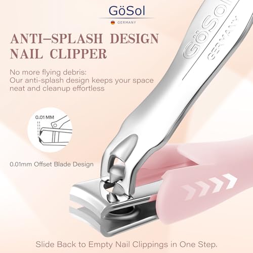 Nail Clippers Anti Splash, Sharp Curved Blades, Detachable Easy Clean Base | Premium Carbon Steel Manicure Tools with Catcher, Ergonomic Anti-Slip Soft Rubber Handle for Precise Trimming - color: Light Pink
