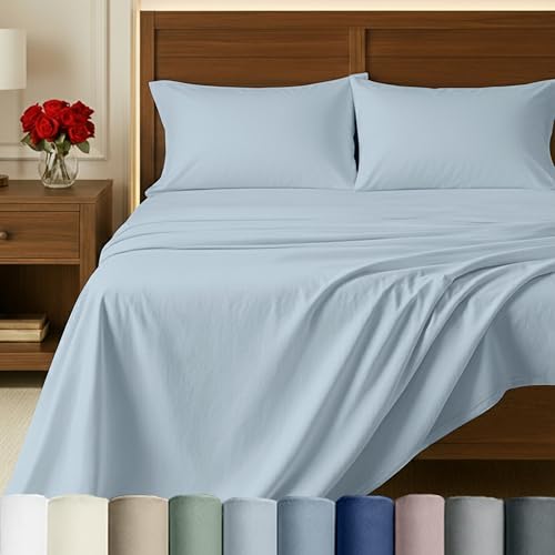 California Design Den 100% Egyptian Cotton Full Sheets, 4 Pcs, Light Blue | Backed by Good Housekeeping Seal, Light & Airy Soft Sateen, 15" Deep Pocket, All-Around Elastic, Durable, Easy Care 4pc Set - color: Light Blue, size: Full
