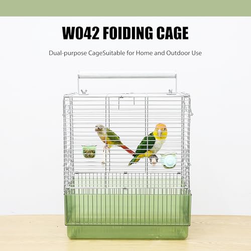 304 Stainless Steel Travel Bird Cage, 17 Inch Foldable Carrier for Conures Cockatiels Grey Parrots Caiques, with Aluminum Handle Perch (Green, Large Birdcage) - color: green