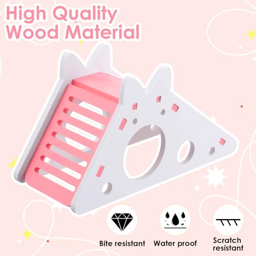 TIESOME Hamster House with Ladder and Slide, Wooden Hamster Play Toys Hideout Hut Gerbil Rat Hideaway Small Animal Activity Toy DIY Hamsters Cage Accessories for Small Pets(Pink)