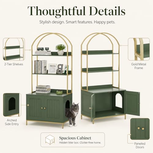 Homhedy Cat Litter Box Enclosure with 2-Tier Shelves, Green and Gold | Litter Box Furniture Hidden, Indoor Cat House, Wooden Cat Washroom Furniture with Metal Frame, Modern Style - color: Green and Gold