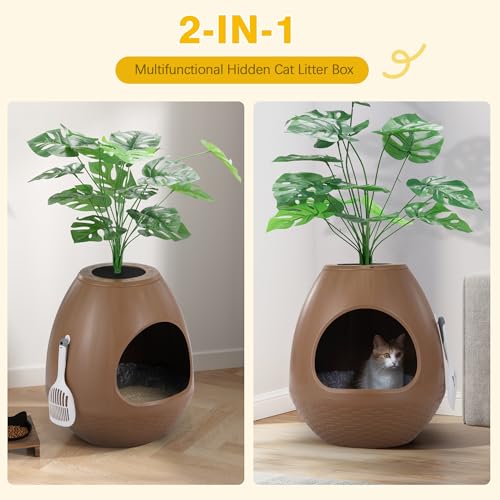 Eggloa6 Hidden Cat Litter Box with Artificial Plants ＆ Odor Removal System, Egg-Shaped Enclosure Includes Scoop ＆3PCS Liners Secret, Discreet Furniture, DIY Assembly Cat Litter Box Cabinet (Brown) - color: Brown