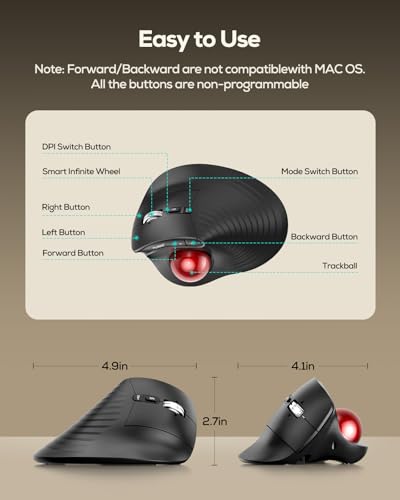 Nulea Wireless Trackball Mouse Ergonomic Vertical Design Thumb Control | Rechargeable mouse with quiet clicks,4 DPI levels,3 device Bluetooth & USB receiver,smooth tracking,compatible with PC - color: A-Red