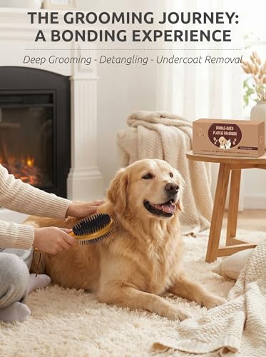 TAKAVU Pin & Bristle Pet Brush for Dogs & Cats, Double-Sided | Grooming Tool Detangles, Removes Loose Hair & Conditions Coat, Soft on Sensitive Skin, Natural Wood Handle Groomer - color: Black Boar Bristle & Pin Brush