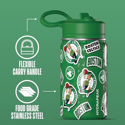 Hydrapeak NBA Officially Licensed Boston Celtics Mini 14oz Kids Stainless Steel Water Bottle with Straw Lid & Flexible Handle, Double Wall Insulated, Spill Proof, Perfect for Back to School - color: Boston Celtics