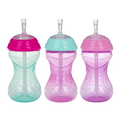 Nuby 3 Piece No-Spill Easy Grip Cup with Flex Straw, Clik It Lock Feature, Girl, 10 Ounce - color: Pink, Magenta, & Aqua
