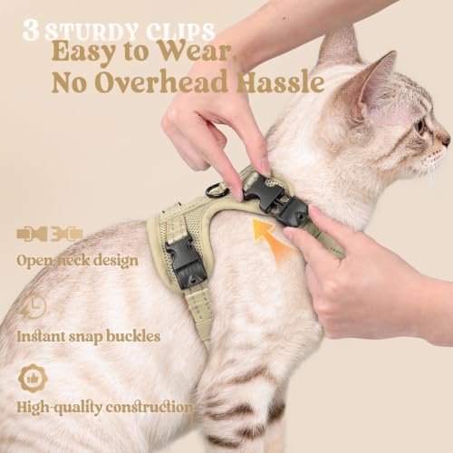 rabbitgoo Cat Harness and Leash Set, Easy-on with Neck Buckle, Cream Coffee | Escape Proof, No Over-the-head, Soft Air Mesh, 3 Lockable Adjusters & Buckles, Reflective, for Kittens & Small Cats Walks, Xs - color: Cream coffee, size: Xs