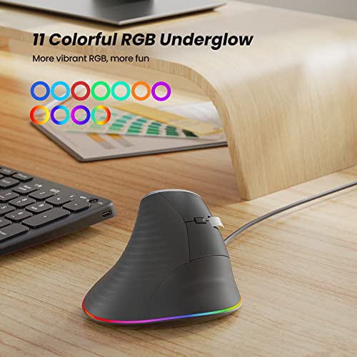 Nulea Ergonomic Vertical Mouse Wired with 11 RGB Backlight and 6 Buttons | USB Optical Mouse with 4 Adjustable DPI, Plug and Play Design for Laptop, PC, Mac,Desktop, Office Use - color: A-Grey