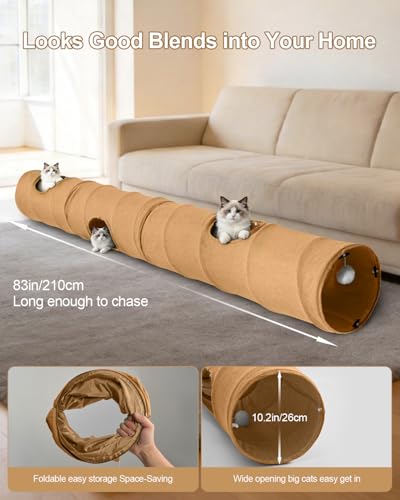 Cat Tunnel, 3 Straight Shaped Tunnels 6 DIY Shapes with Wand Toys, No Noise Scratch Resistant Cool Linen Fabric, Interactive Pet Tunnel Tube for Indoor Cats, Puppy and Rabbits - color: Brown