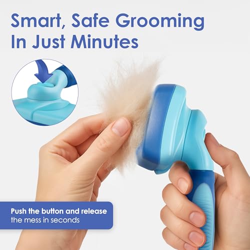 AKC Self-Cleaning Slicker Brush for Dogs & Cats, All Coat Types | Skin-friendly deshedding brush removes loose hair, mats and tangles with an easy-clean design. - style: Self Cleaning Slicker Brush