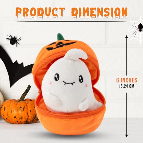 Plushland Halloween Zip-Up Pumpkin Stuffed Animal Plush Toys,Hideaway Spooky Black Cat Bat Ghost Plush Halloween Toy for Festive Decorations & Fun Surprises 6 Inches (Ghost) - style: Ghost