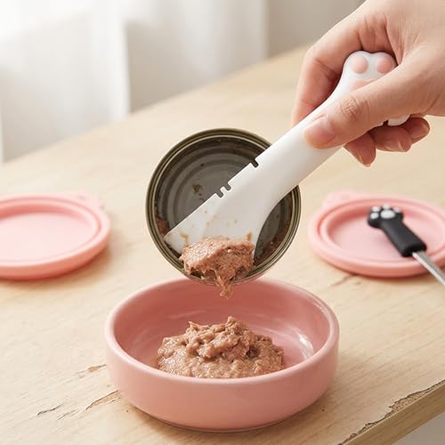 4 PCS Pet Food Can Accessory Set, Reusable Pink Silicone Can Lids with Feeding Shovel and Stainless Steel Spoon for Cat Dog Wet Food Storage