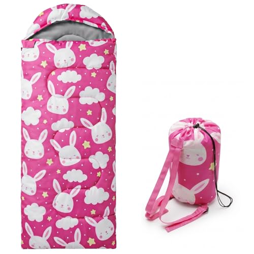 Kids Sleeping Bags - Camping Sleeping Bags with Carry Bag - Compact Sleeping Bag for Hiking, Backpacking 3 Season Warm & Cool Weather, Lightweight Waterproof Outdoor Travel for Boys Girls - color: Pink