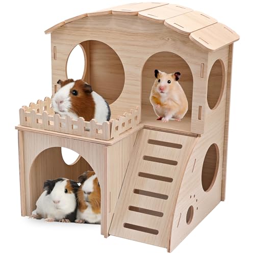 Large Guinea Pig Hideout Place, Double Layered Wooden Hamster House with ramp and Hamster Platform. Suitable for Hiding Places for Small Animals Such as Guinea Pigs, Hamsters, Rabbits, etc